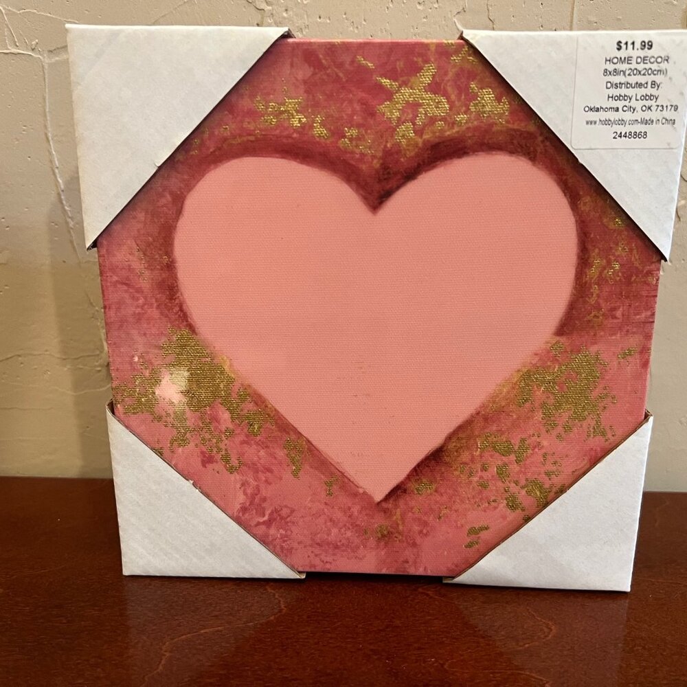 NEW Heart Canvas Wall Art Pink & Gold Accent 8" x 8" Home Decor